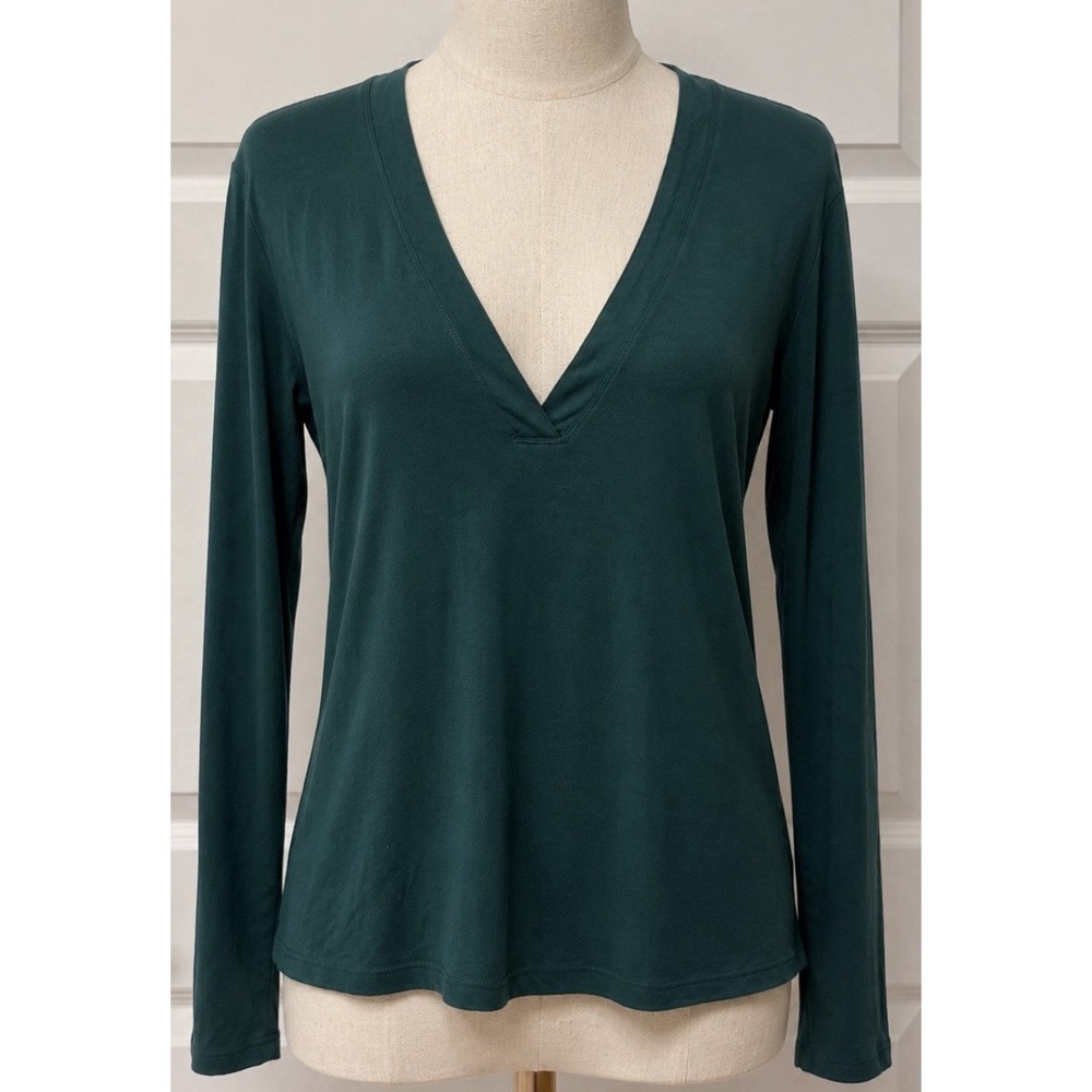 CAPSULE 131 Women's Deep V Neck Long Sleeve Shirt Flowy Medium M Green Teal Airy